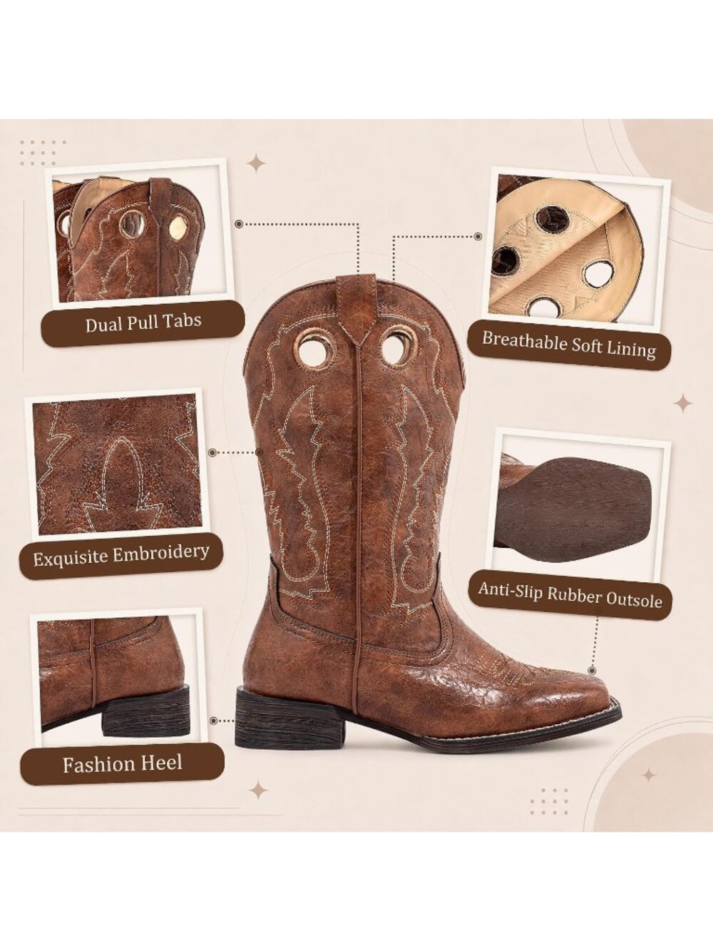 Women's Brown Faux Leather Wide Calf Western Embroidered Cowgirl Heeled Boots - Picture 6 of 6